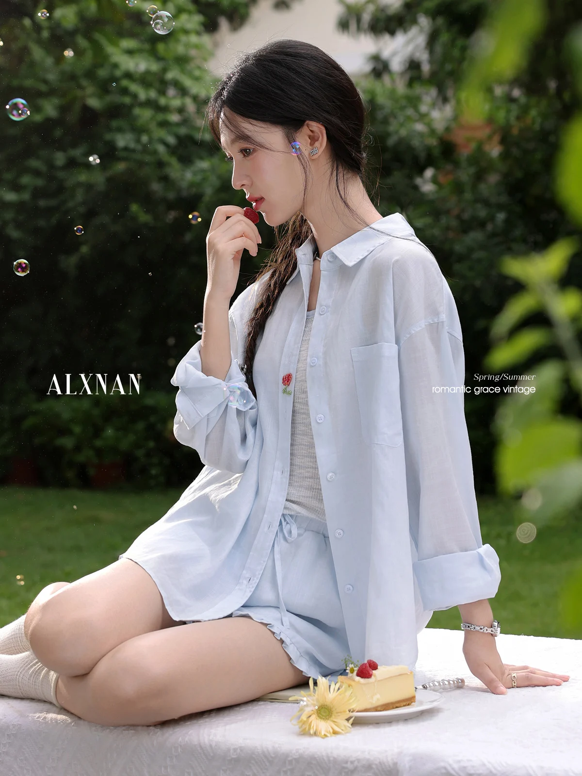 Alxnan shorts femininos azul casual perna larga baggy shorts 2025 verão cintura elástica cordão renda design calças curtas l56568dk