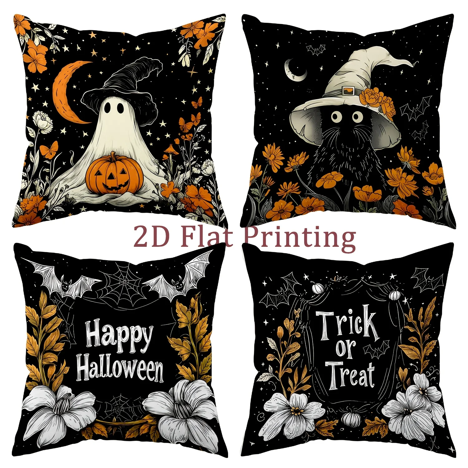 4pcs, Halloween All Saints Day All Hallows Day Ghost Cat Pumpkin Pillow Covers, with Bat And Floral Elements