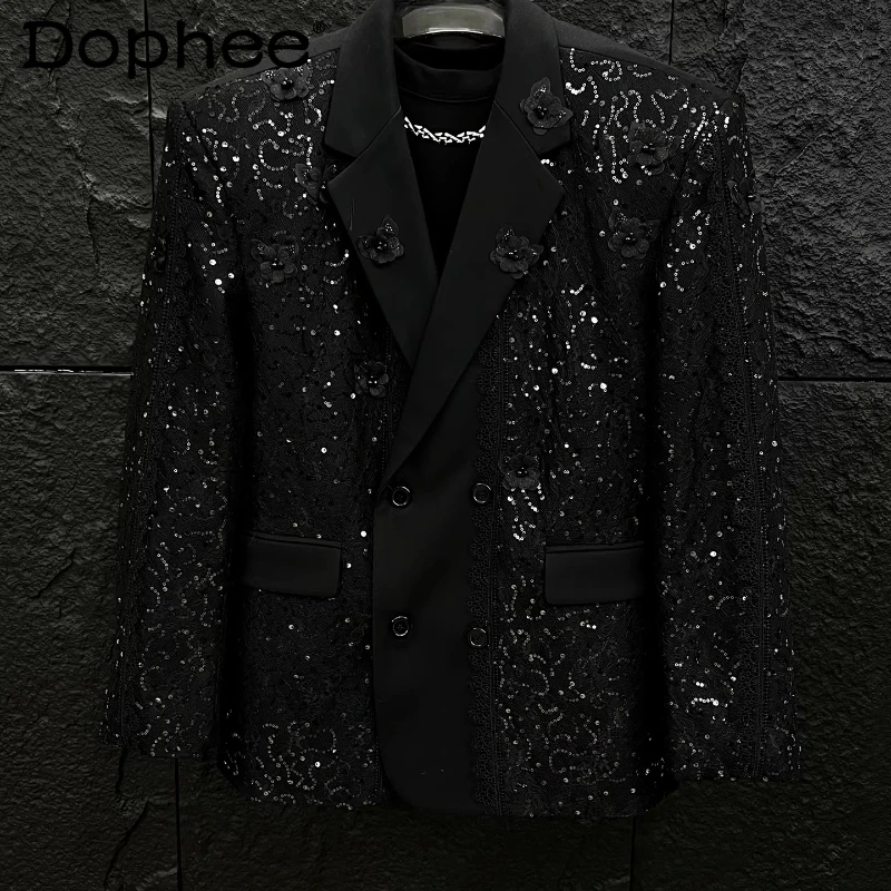 

Элитные блестящие пиджаки с вышивкой и пайетками для мужчин, весна-осень 2026, новые стильные приталенные пальто, модные блестящие костюмные куртки для создания мужественного образа