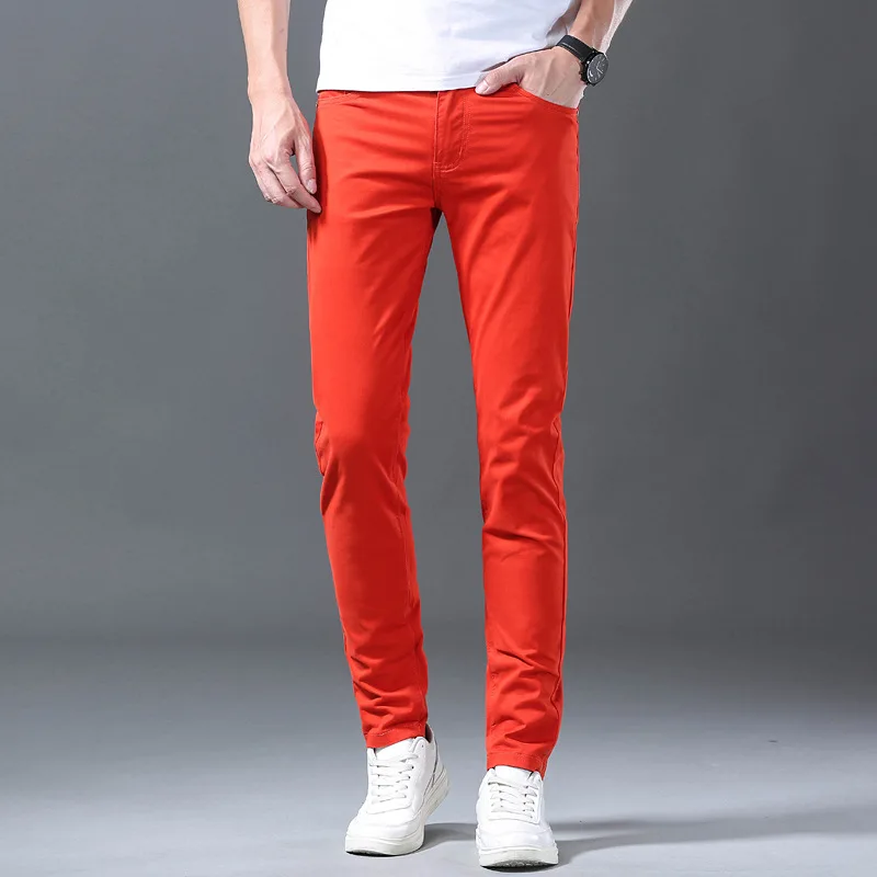 オレンジレッド 春夏新作 メンズ ストレッチ スリムフィット 細身 トレンド ブランド シンプル 高級感 カジュアルパンツ