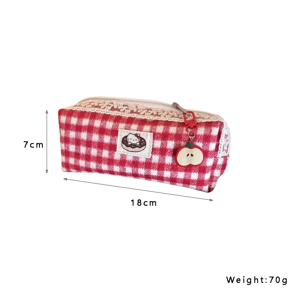 Cute Cartoon Hello Kitty Red Checkered Large Capacity Pencil Case Student Stationery Girl Kawaii Ktcat Pendant Apple Pencil Case image 6