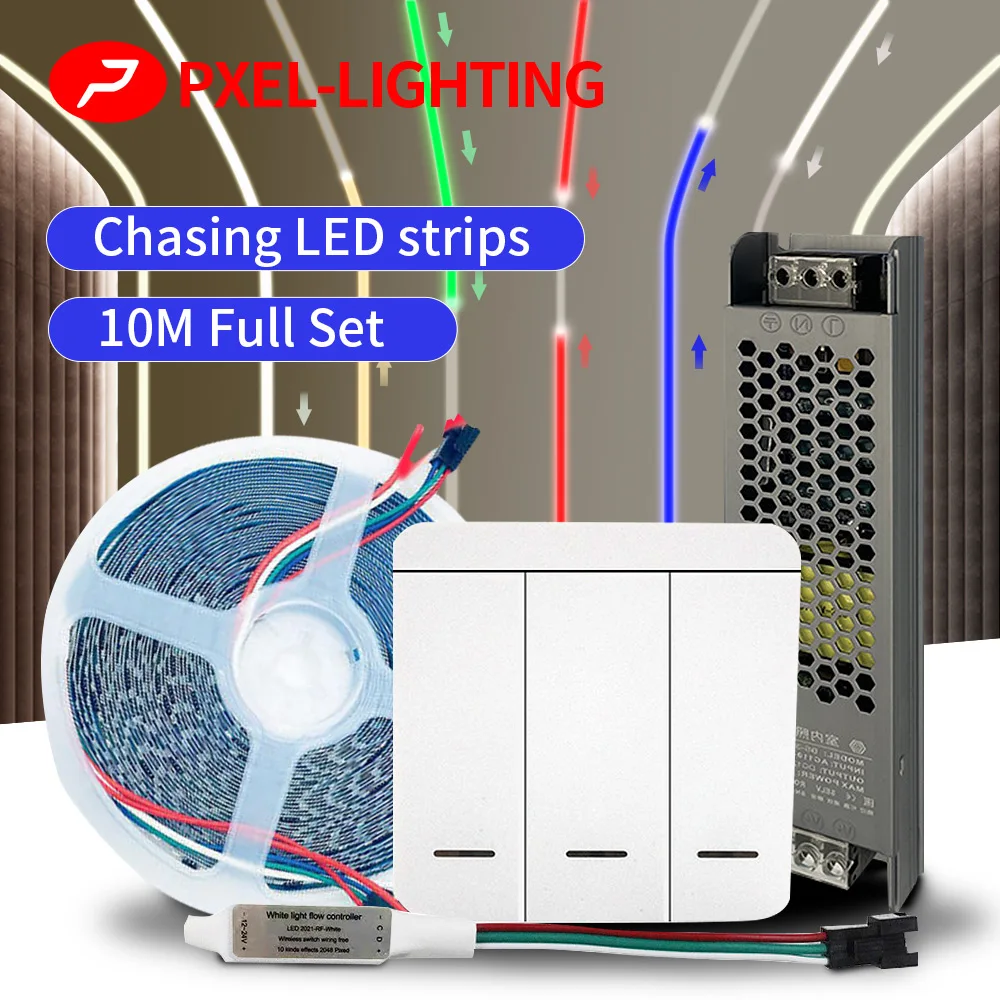 

Chasing light Running water LED Strip 24V 10M SMD 2835 WS2811 Pixel Flow Tape Ribbon Lamp with RF Controller Set for Room Decor