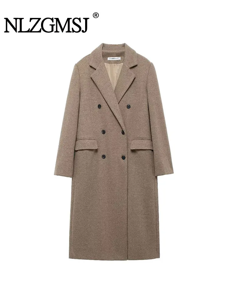 TRAF 2024 Autumn Winter Women Casual Woolen Coat For Women Lapel Double Breasted Minimalism Coats