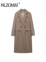 TRAF 2024 Autumn Winter Women Casual Woolen Coat For Women Lapel Double Breasted Minimalism Coats