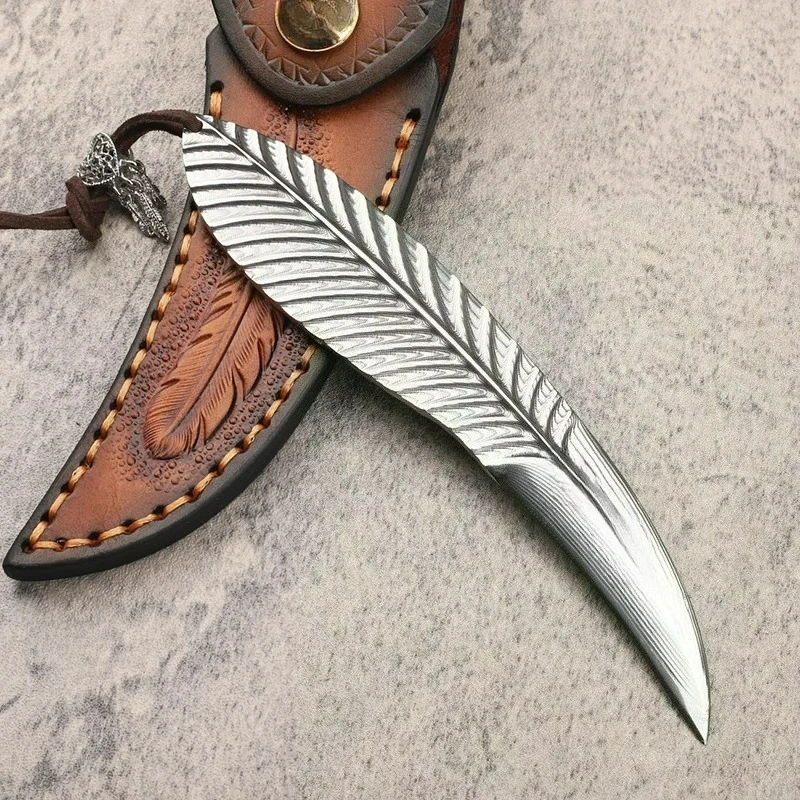 

New feather Damascus steel straight knife with leather case edc multitool knives utility outdoor bushcraft tactical knife