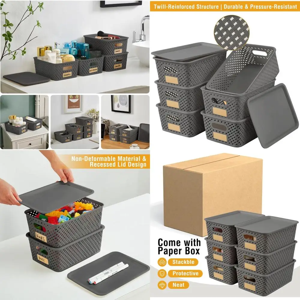 

Серые штабелируемые корзины из саржевого переплетения с крышками, 6 шт., 10,35x7,3x4,09, маркировка для хранения в кладовой или офисе