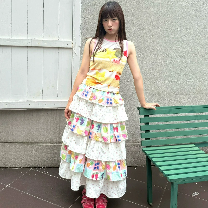 Women's Tiered Long Skirt Japanese Girl Design Cute Fruit Print Splicing Casual Sweet Floral Ruffle Cake A Line Skirts Ladies
