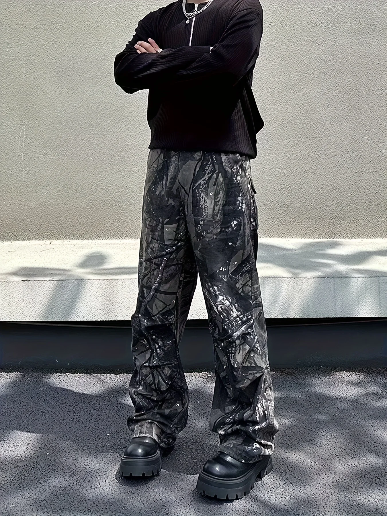 

European and American Street Vibe Functional Workwear Camouflage Loose Pants Men's Autumn Branch Pattern High Street Straight-Leg Jeans