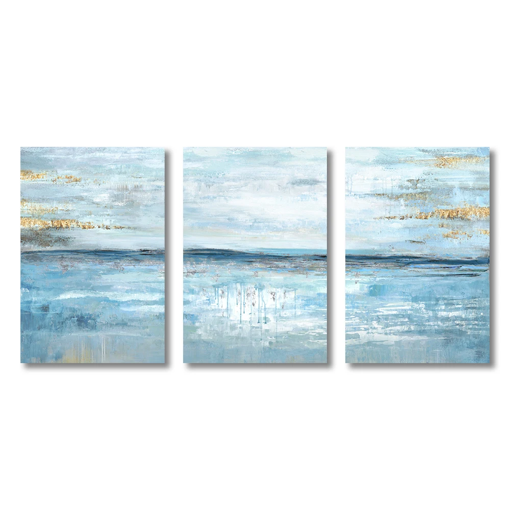 3PCS Frameless Posters Abstract Light Blue Gold Foil Canvas Painting Pictures Nordic Wall Art Print  For Living Room Home Decor