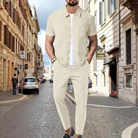 2025 summer new men's Waffle cardigan solid color short-sleeved shirt trousers two men's suit