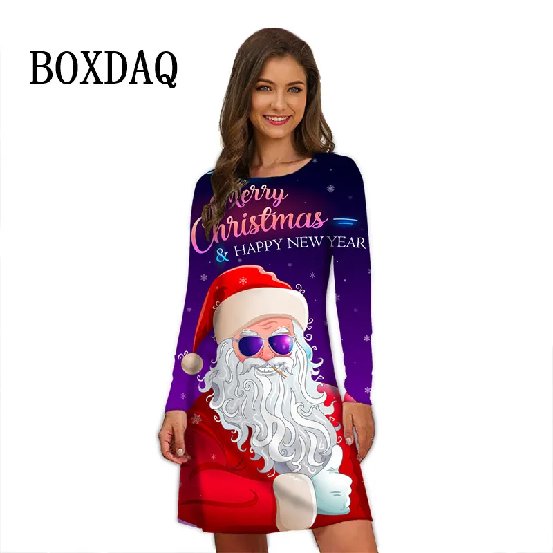 Women Party Dresses Elegant Fashion 3D Printing Dress Santa Claus Long Sleeve Christmas Winter Happy New Year Ladies Mini Dress