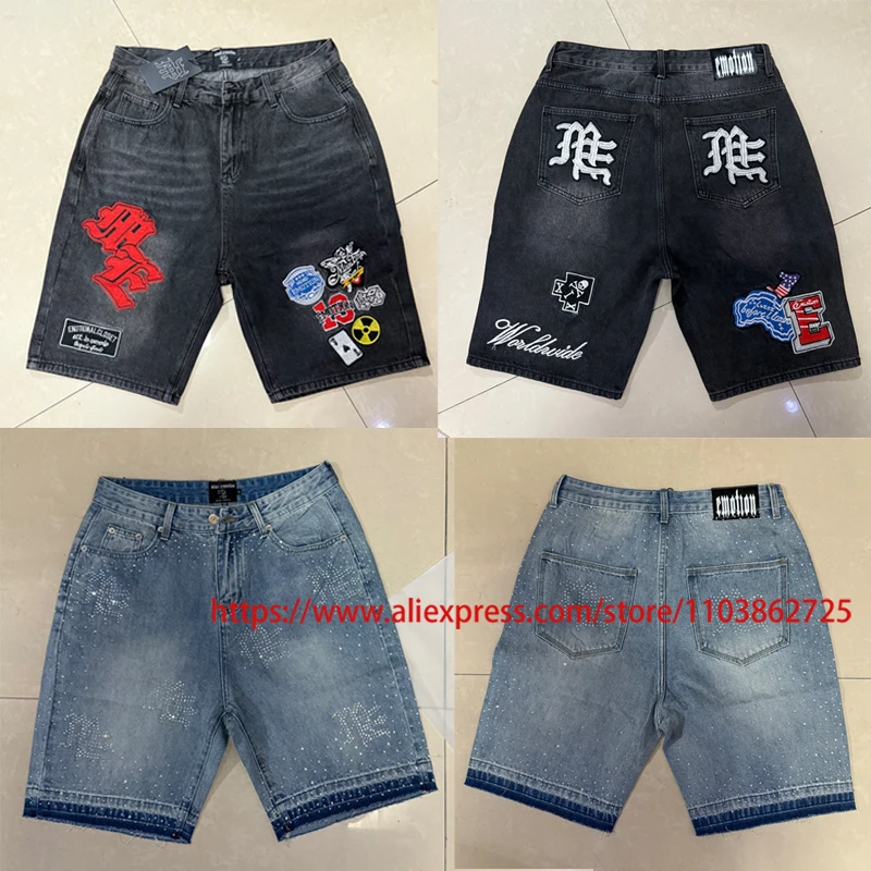 

Модные брендовые джинсовые шорты MIXED EMOTION, повседневные шорты в стиле пэчворк с вышивкой High Street, смешанные эмоции
