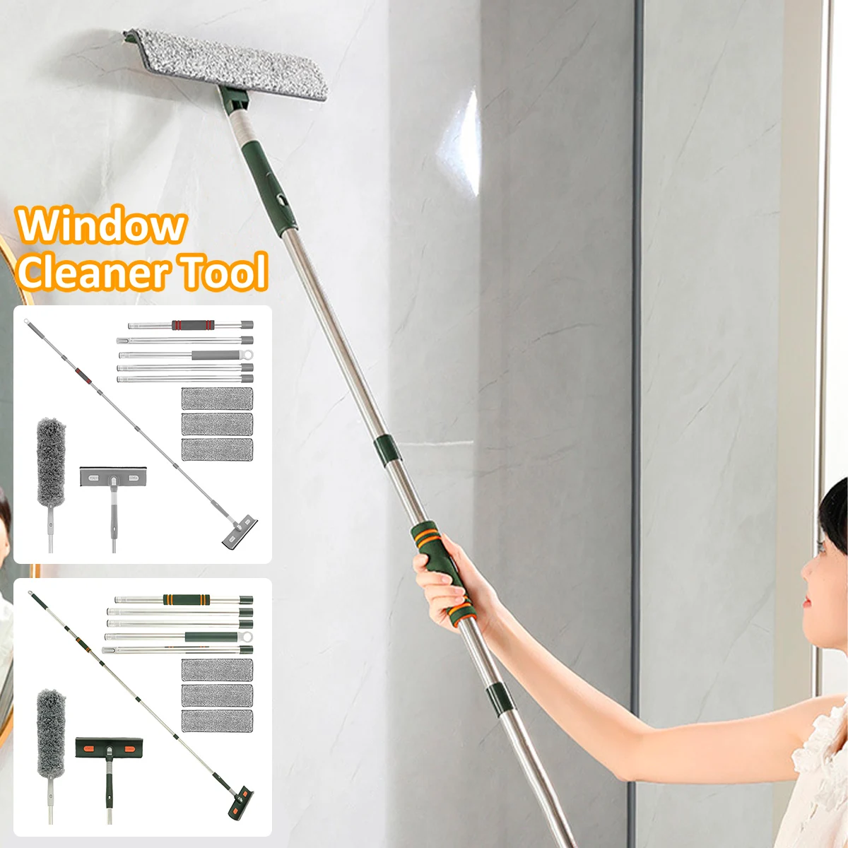 57/89in Extended Window Cleaning Tool Multi-function Window Squeegee Cleaner Tool Flexible Pole Detachable Microfiber Scrubber