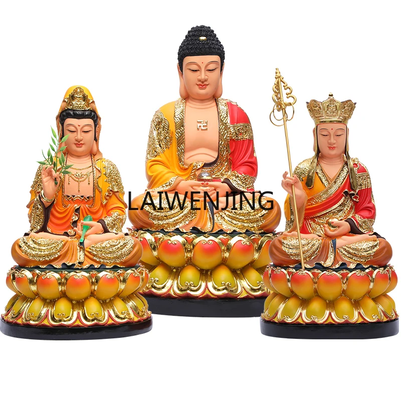 MJY Resin Buddha Statue Colorful Saha Three Sages Sakyamuni Buddha Guanyin Bodhisattva King Jizang