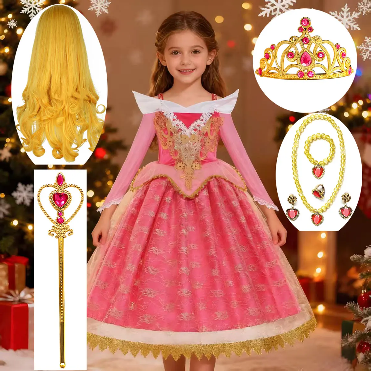 Conjunto de Vestido de Aurora de Disney para Niñas, Vestido de Princesa de Encaje Fino para Cosplay de la Bella Durmiente, Regalo para Bebés y Niñas