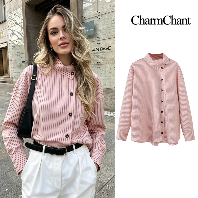

Женская хлопковая рубашка CHARMCHANT с розовыми полосками, асимметричным воротником, на пуговицах, оверсайз, с длинным рукавом, повседневная блузка, лето 2026