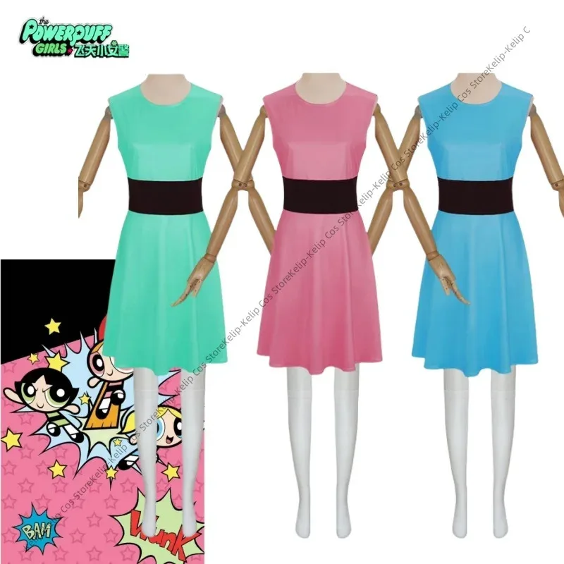 

Женский костюм Powerpuff для косплея, костюм для девочек, комплект платьев с цветочным кувшинком и пузырьками, платье с поясом, нарядное платье на Хэллоуин