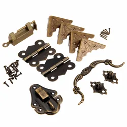 9Pcs/set Furniture Fittings Chinese Brass Hardware Antique Wooden Box Latch Hasp+Pull Handle+Hinges+Corner Protector+Old Lock