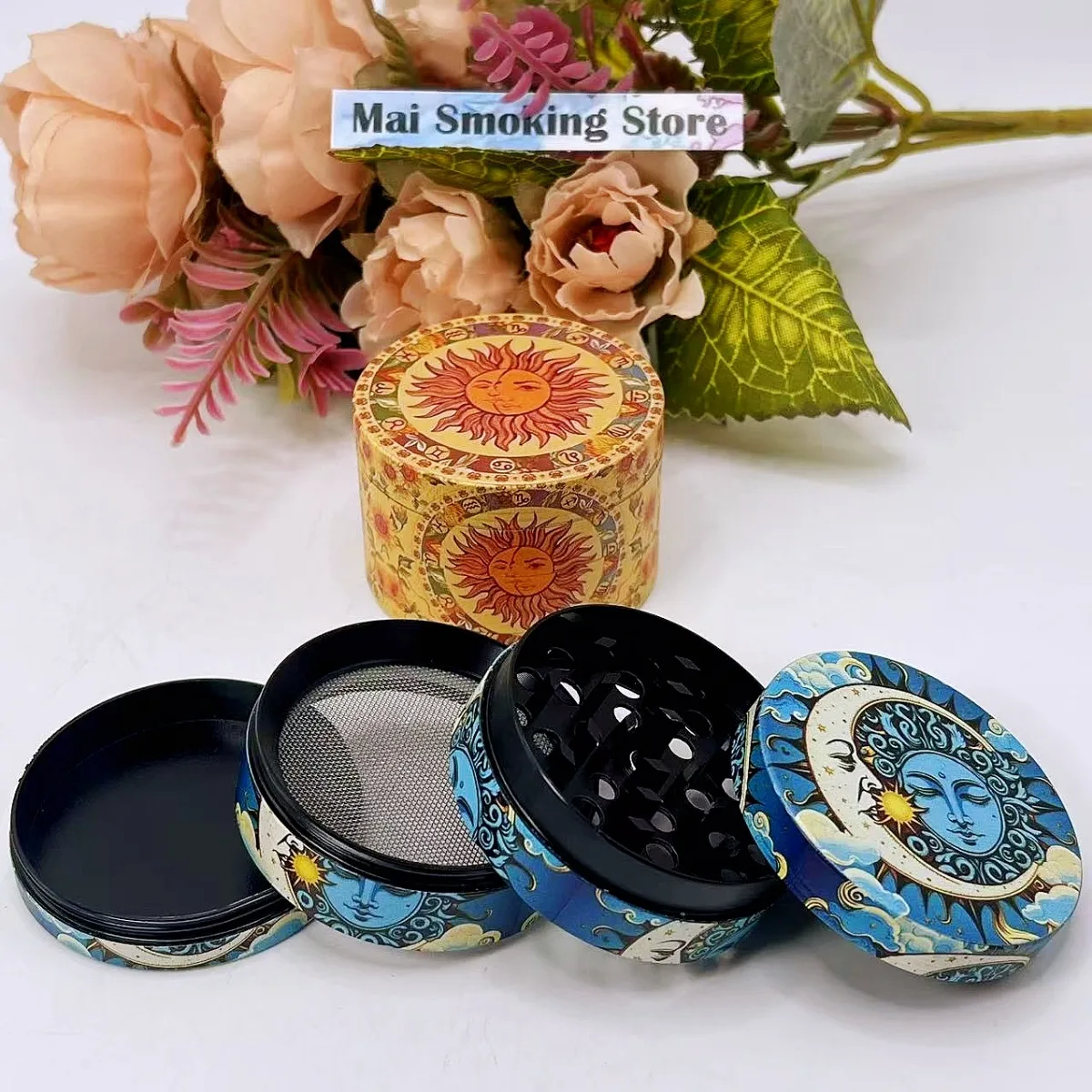 1.6/2/2.5inch Moon Herb Grinder Boho Sun 4-layer Manual Salt Spice Mill Pepper Mortar Tobacco Grass  Grinder Smoking Tool
