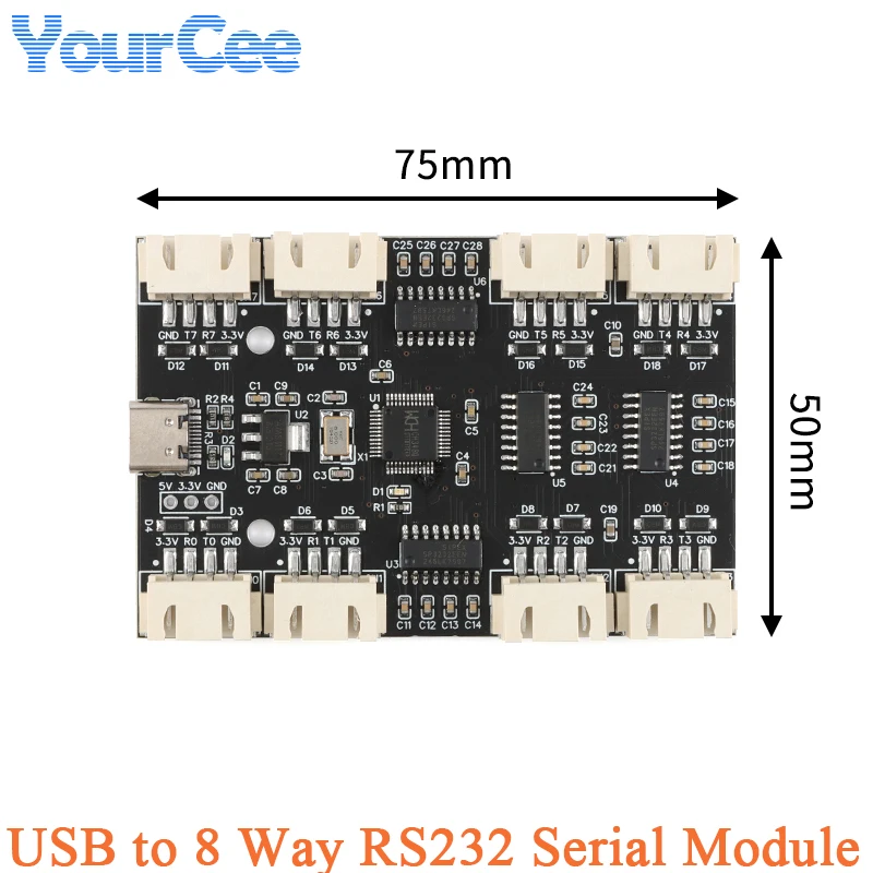 USB to 8 Channels RS232 Serial Port Module Multi Ways Type-C to 8 UART Hub Expansion Board