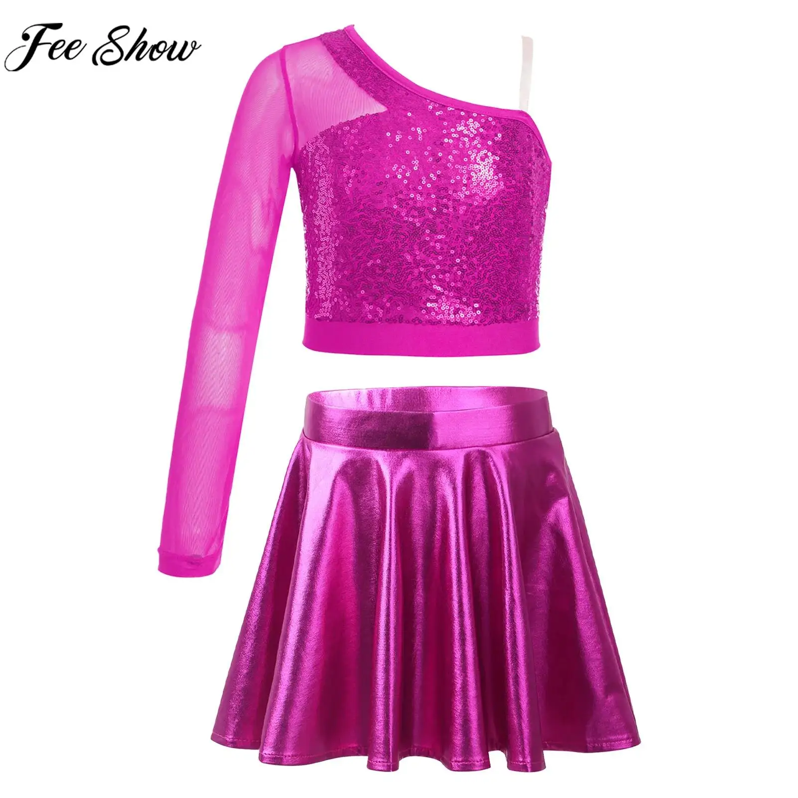 

Children Girls Jazz Dance Cheerleading Performance Outfit Sheer Mesh One Shoulder Sequin Crop Top with Metallic Skirt Dancewear