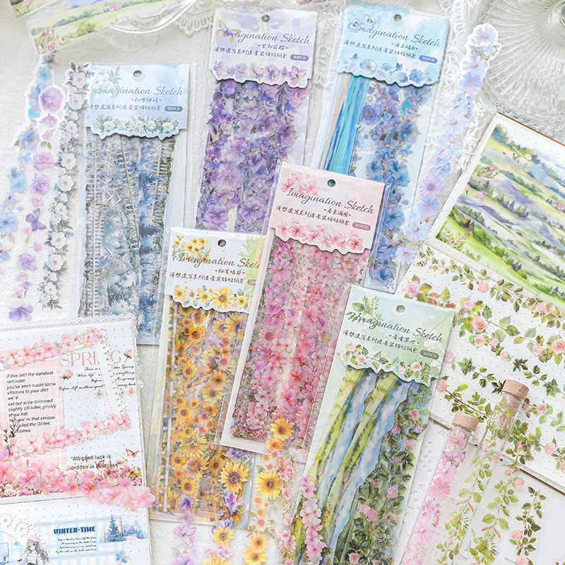 20pcs Vintage style long strip flower PET sticker bag ins hand tent border landscaping decorative stickers Junk Journal Supplies