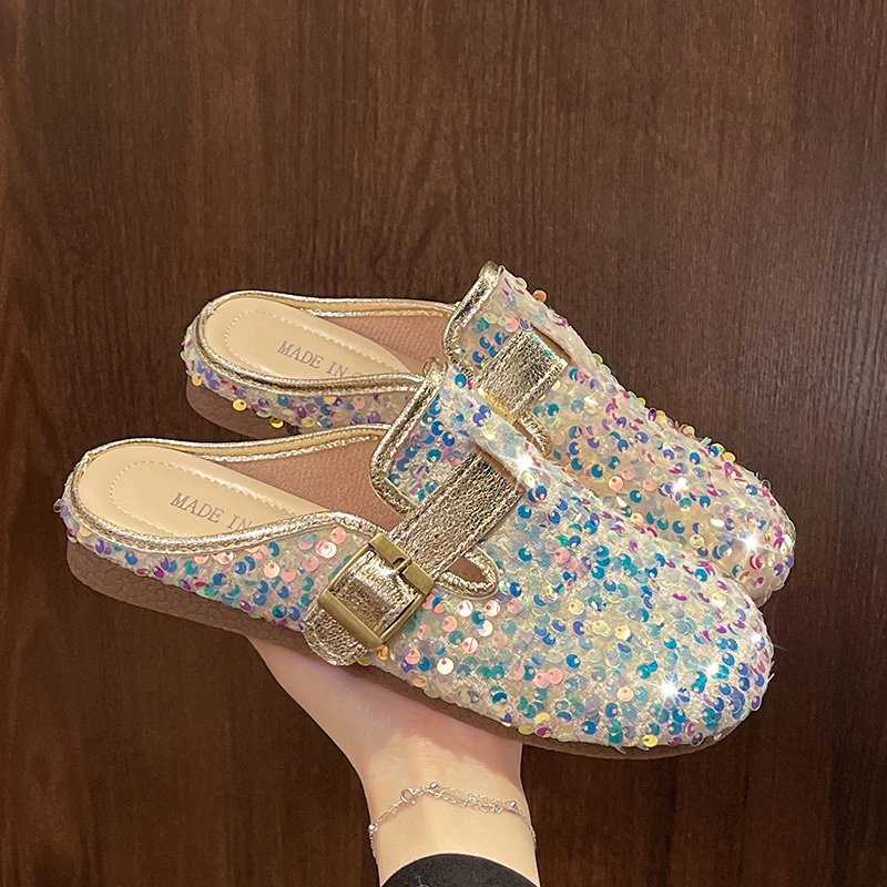 

French Sequin Baotou Half Slippers Women's New Spring and Summer Outside Wear Temperament Mary Jane Flat Shoes