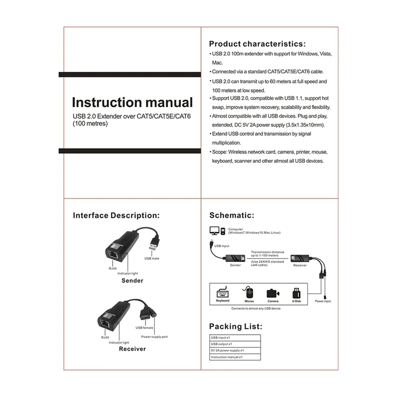 Przedłużacz USB 2.0 przez kabel Ethernet Cat5 Cat5e Cat6 Transfer do 100M odbiornika RJ45 z zasilaczem DC5V/2A