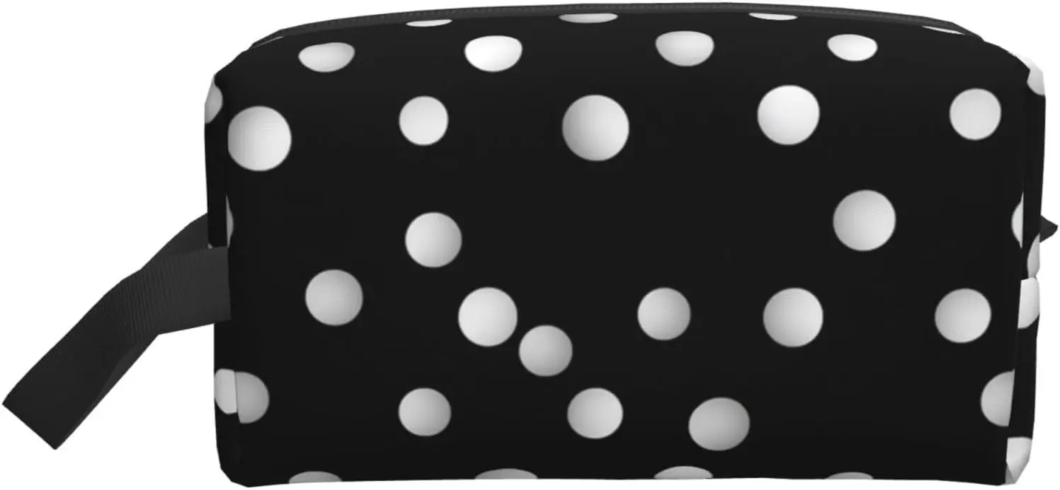 

Travel Toiletry Bag for Women Men Leather Makeup Bag Large Portable Travel Organizer Black White Polka Dots Cosmetic Bag