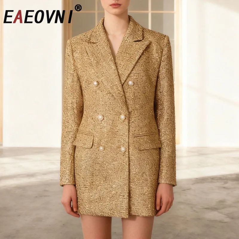 

EAEOVNI Gold Fashion Women's Suit Coat Luxury Notched Collar Long Sleeve Double Button Jacket Elegant 2026 New Clothing