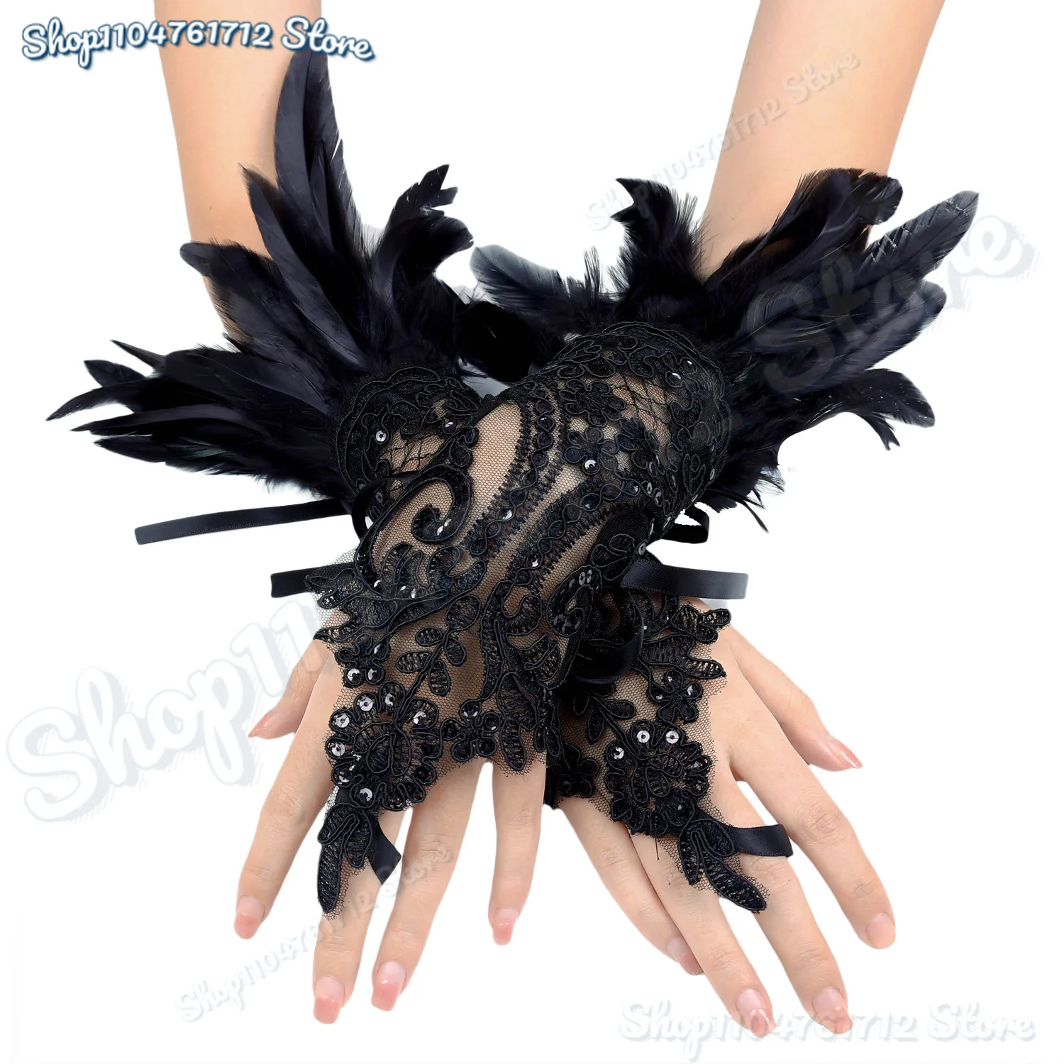 موضة ريشة كم الأصفاد قفازات حفلة تأثيري الدانتيل المعصم الأصفاد الفراء كم فروي اكسسوارات كرنفال عرض مسرحي زي