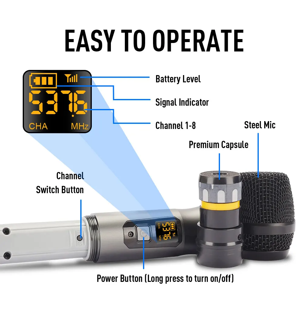 ميكروفون LMBGM K25R احترافي UHF لاسلكي ذو 8 قنوات مع نطاق نقل 164 قدم، مناسب لاستخدام المسرح والكنيسة.