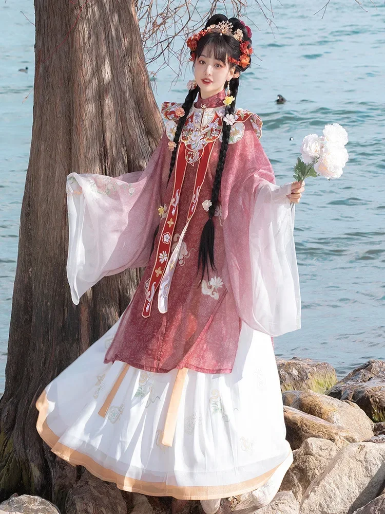 Hanfu rojo para mujer, Falda plisada con hombros descubiertos y mangas grandes, solapa inclinada, cuello levantado, estampado auténtico, primavera y verano