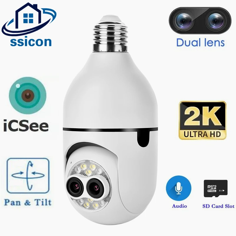 ICSEE E27 Bulb PTZ WiFi Camera 5X Zoom Dual Lens Auto Tracking Two Way Audio Color Night Vision Indoor Security Camera 2MP