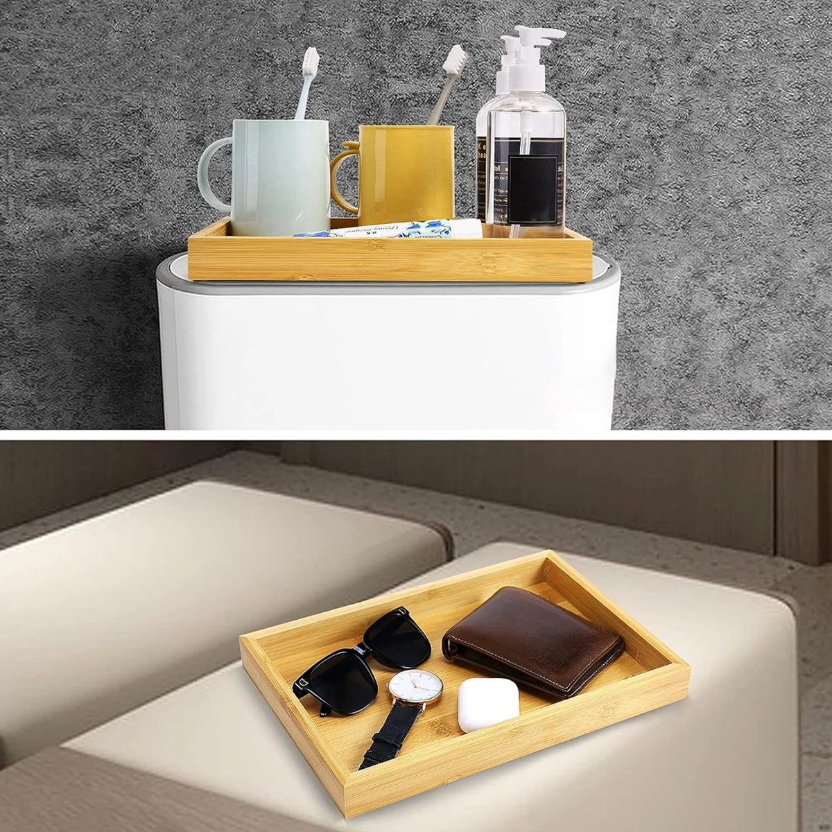 Bathroom Bamboo Counter Tray Toilet Tank Vanity Tray Multi Use Soap Dispenser Toilet Paper Storage Rack Food Coffee Snack Tray