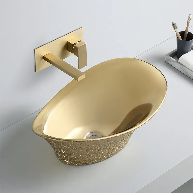 Luxury French Style Ceramic Wash Basin Electroplated Ingot Shape Bathroom Sink Modern Home Decor Vanity Countertop Basin