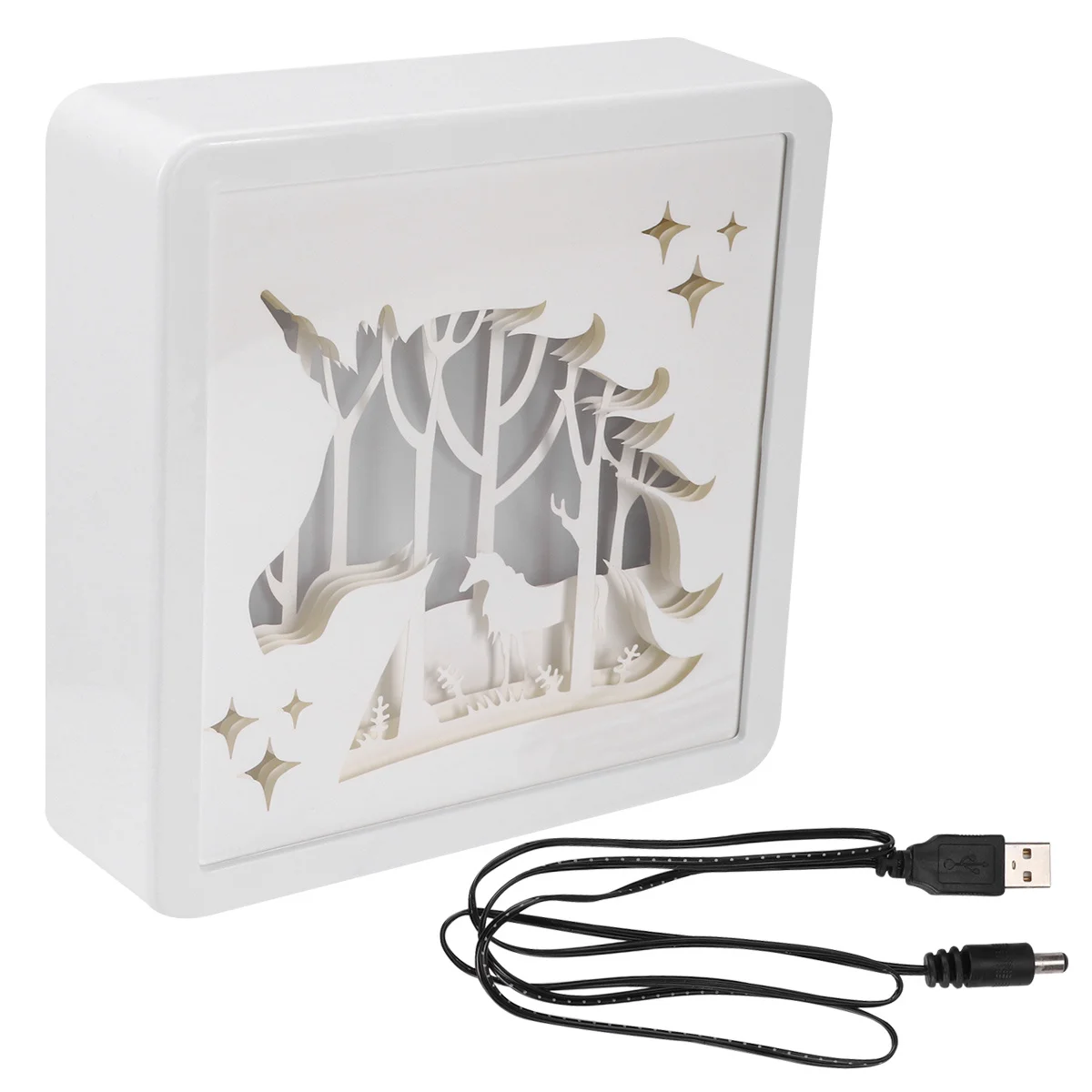 صندوق إضاءة نحت ورقي ثلاثي الأبعاد يونيكورن مربع ريترو أبيض للإضاءة الزخرفية الداخلية المحمولة معلقة للتخييم للاستخدام الليلي #5