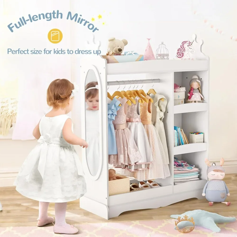 Kids Dress up Storage with Mirror, Kids Wardrobe with 3 Hooks, Kids Closet for Girls Boys,  Armoire Costume Organizer