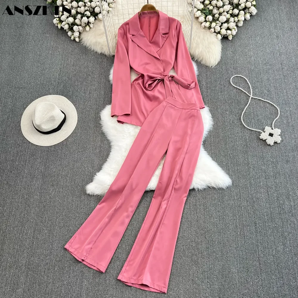 Fashion suit femininity medium long suit collar waistband top two-piece high waist casual split horn pants