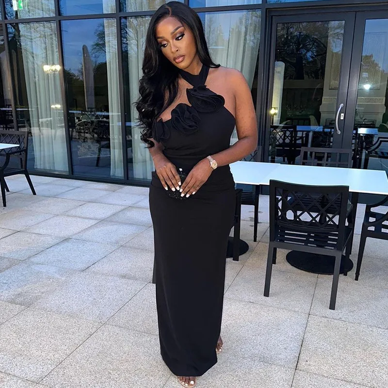 Femmes mode 3D Floral Sexy dos nu Maxi Robe solide à lacets sans manches robes moulantes vacances d'été plage fête Club Robe