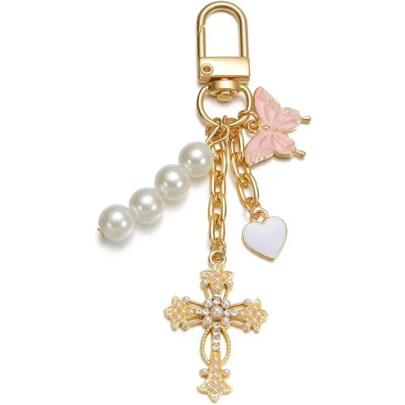1/2pcs Cross Keychain Heart Butterfly Bag Charm Key Chain Accessories, Rhinestone Sparkling Keychain for Women Car Key Ring Bag