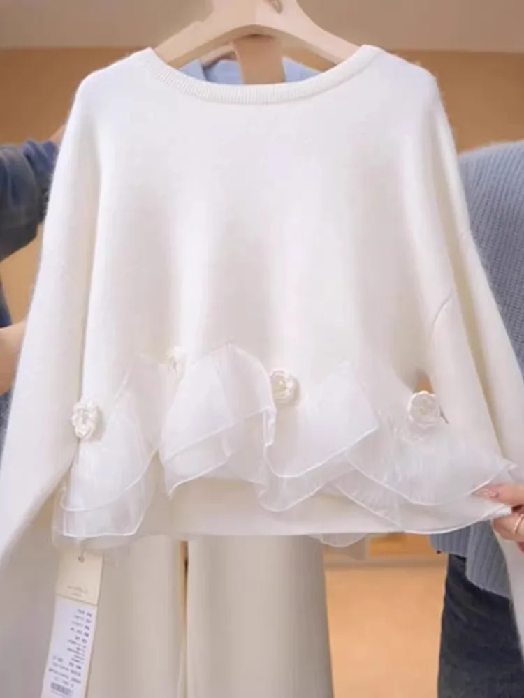 

Корейский вязаный топ свободного кроя с круглым вырезом, длинными рукавами, цветочным узором и вставками, для женщин