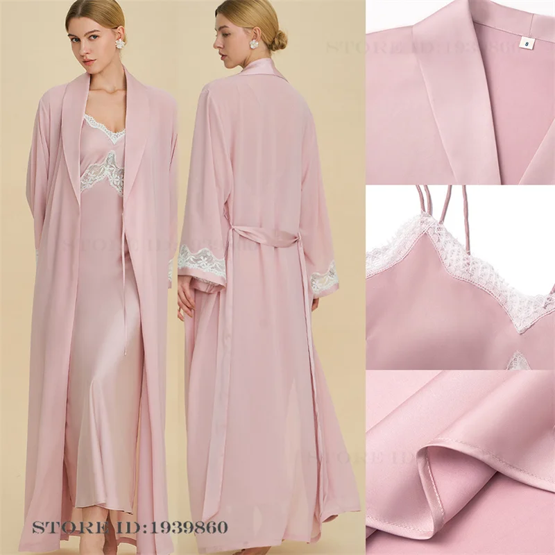 Elegant Female Long Robe Nightgown 2PCS Set Sleepwear High Quality Bathrobe Nightdress Sexy Hollow Out Lace Lingerie Homewear
