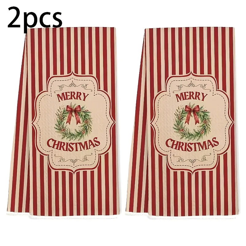 Pack of 1 or 2 Merry Christmas Red Striped Kitchen Towels
