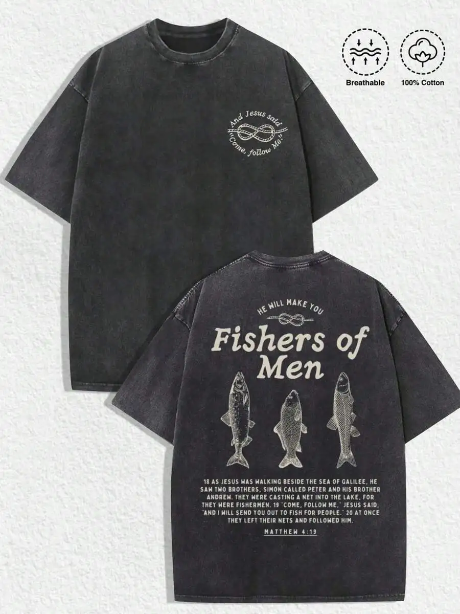 

Retro Distressed Christian Fishers Of Men Graphic T-Shirt With Biblical Verse Matthew 4:19, Three Fishes & Knot Detail, 100%