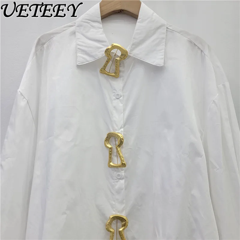 

Heavy Craft Solid Simple Long Sleeve Shirt Women 2026 Spring New Design Sense Metal Buckle Niche Design White Blouse Loose Top