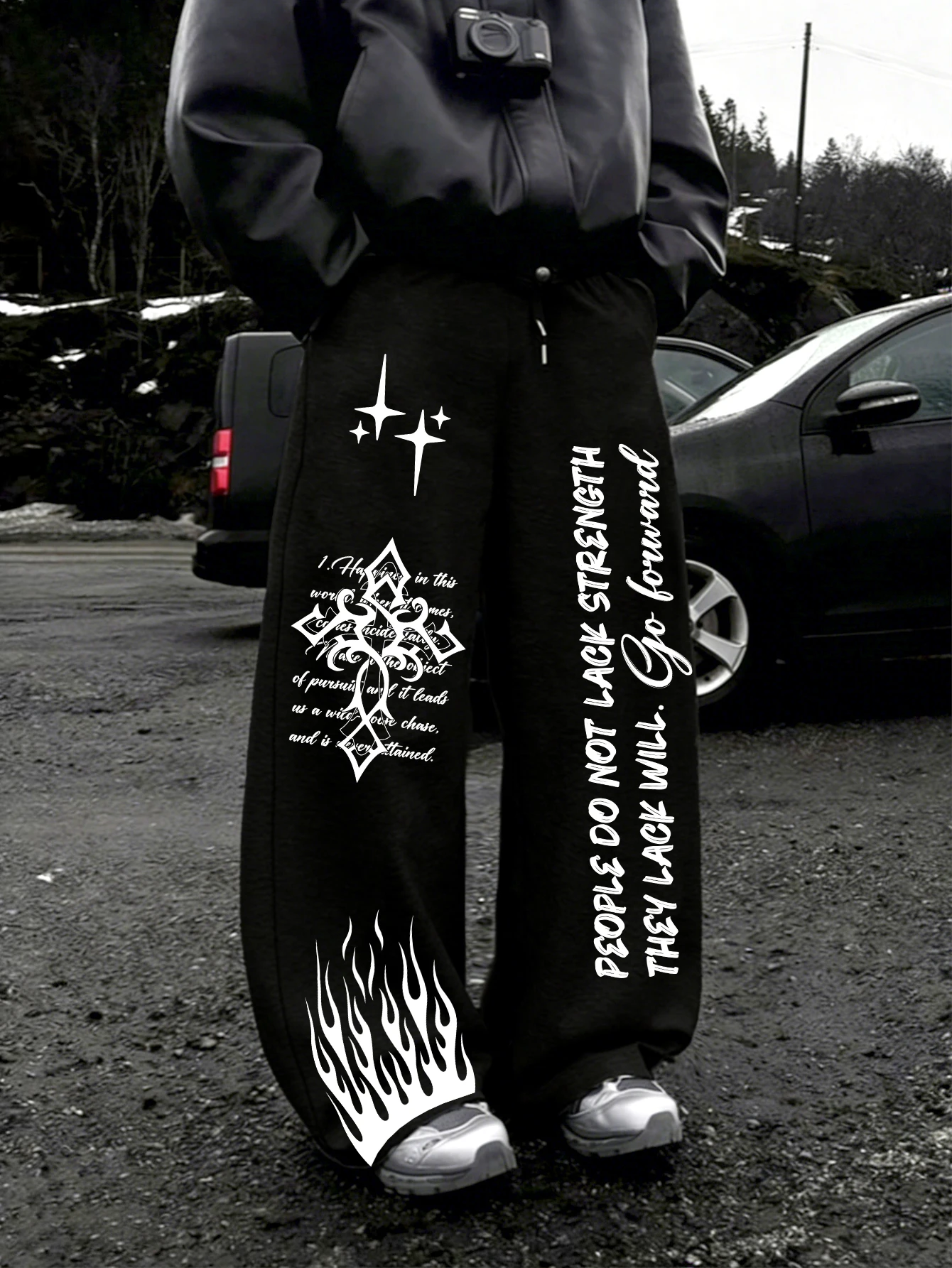 Men Wide Leg Jogger Pants, Star Gothic Cross Flame & Vertical Slogan Asymmetrical Dual‑Leg PrintDrawstringBaggyY2KDarkStreetwear