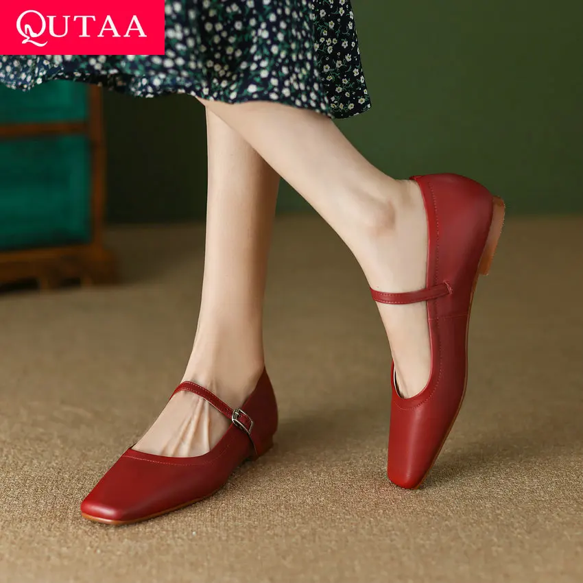 QUTAA 2024 Women Mary Jane High Quality Genuine Leather Flats Shoes Woman Buckles Square Toe Fashion Flats Shoes Size 34-40