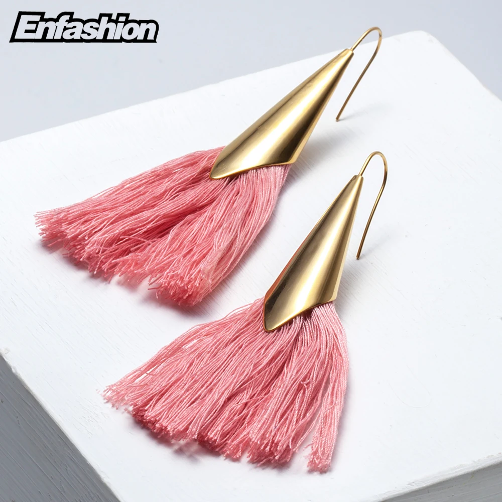 Enfashion Tassels Dangle Earrings Stainless steel Colorful fringe Long Drop Earrings For Women Trendy Earrings Jewelry EEF1013