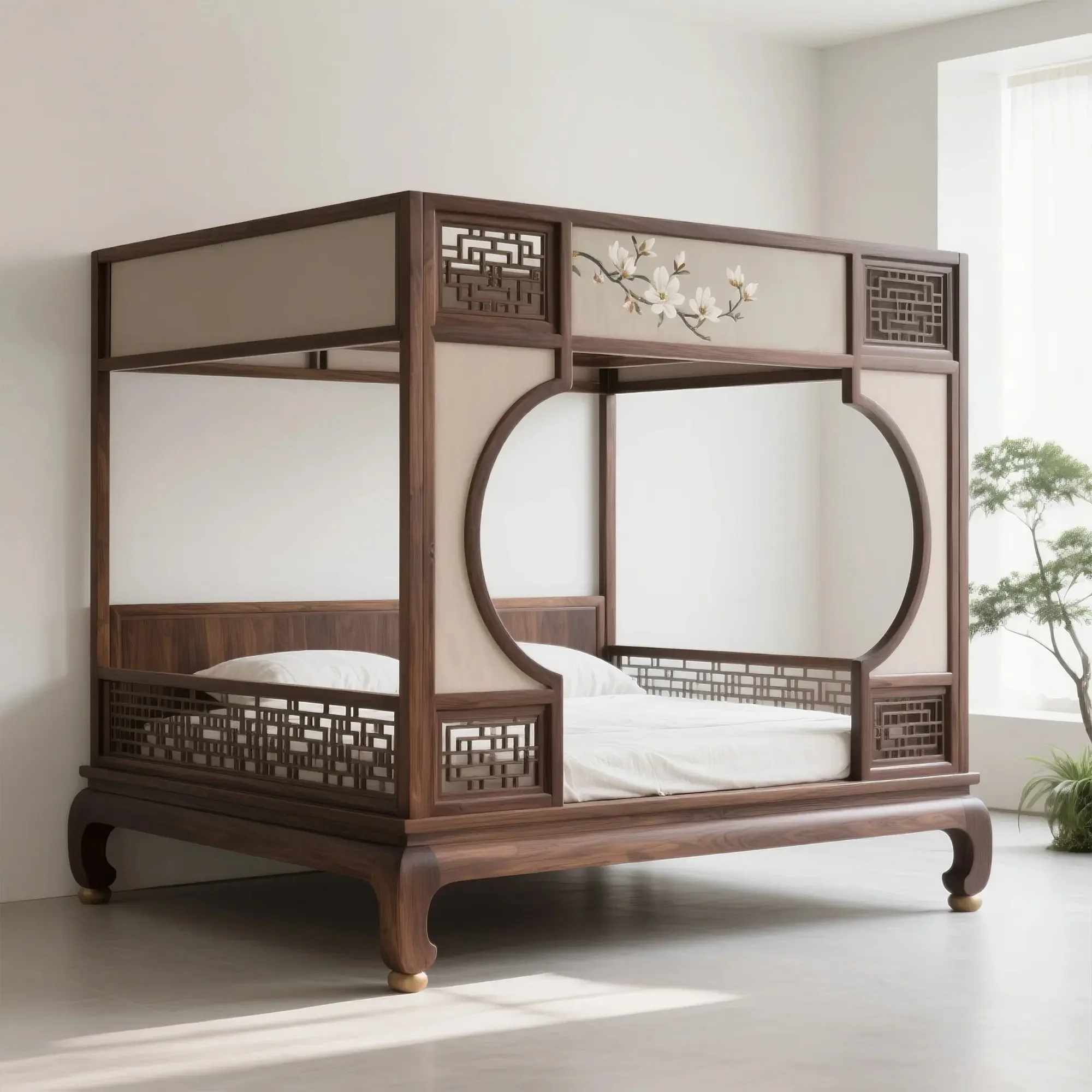 New Chinese Style North American Black Walnut Wood Frame Bed, Zen Four-Column Bed, Master Bedroom Double Bed in the B&B Hotel